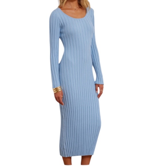 MEROKEETY Bodycon Long Sleeve Dress Light Blue M - Picture 3 of 7